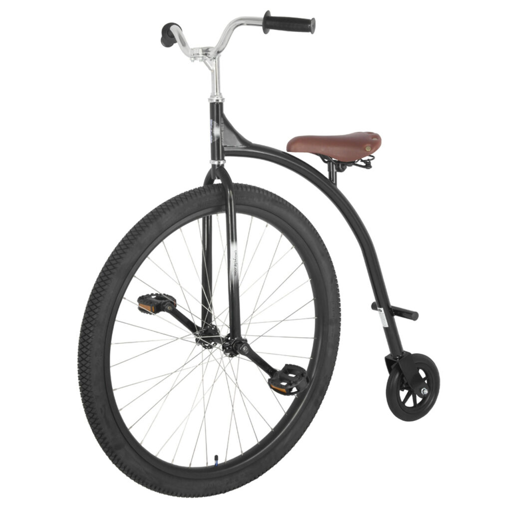 riding a penny farthing bicycle